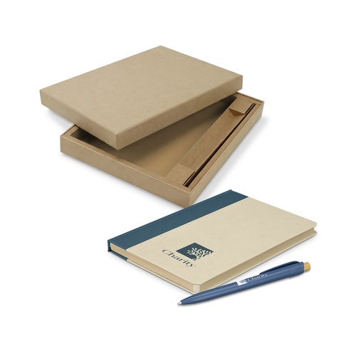Custom Recycled Notebook and Pen Set, Sugarcane Paper with RPET Trim 1 Print mock-up showing a logo printed on a sugarcane paper notebook with blue RPET trim beside its pen and kraft box, Singapore