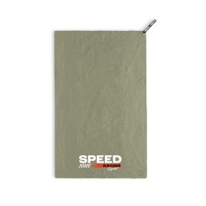 Print mock-up showing a full colour logo printed in the corner of a sage green rapid dry travel towel, Singapore