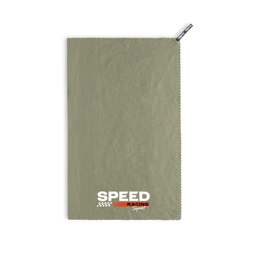 Custom Travel Towel, Rapid Dry Microfibre with Roll-Top Dry Bag 1 Print mock-up showing a full colour logo printed in the corner of a sage green rapid dry travel towel, Singapore