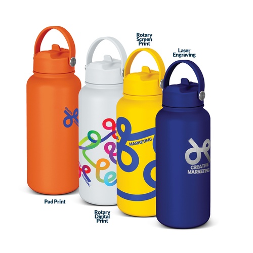 1L Vacuum Bottle, Powder Coated Steel with Loop Lid 1 Four branded 1 litre vacuum bottles showing pad print, rotary screen print and laser engraving side by side, Singapore