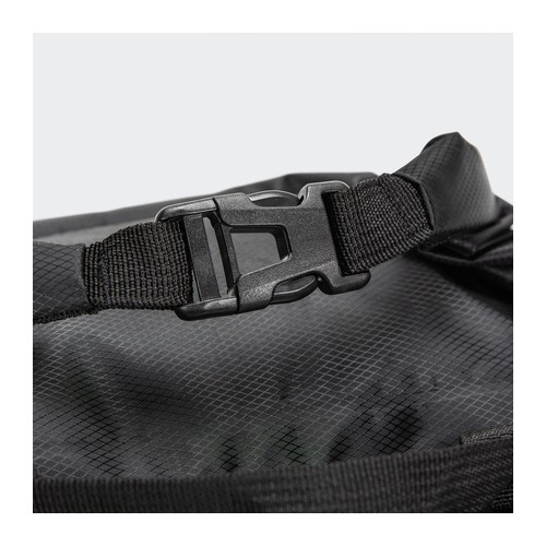Close view of the roll-top buckle closure on a heat-sealed nylon dry bag, Singapore