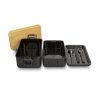Custom Expandable Lunch Box, Bamboo Lid with Cutlery Set 8 The three parts of the expandable lunch box separated, showing both compartments and the cutlery tray, Singapore