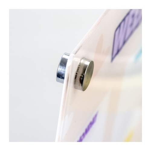 Close view of a stainless steel corner magnet cap holding the acrylic planner panel in place, Singapore