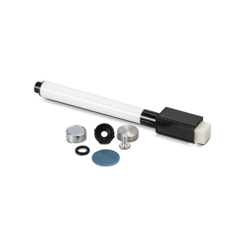 Dry erase marker with built in eraser shown with the magnet caps and adhesive mounting discs, Singapore