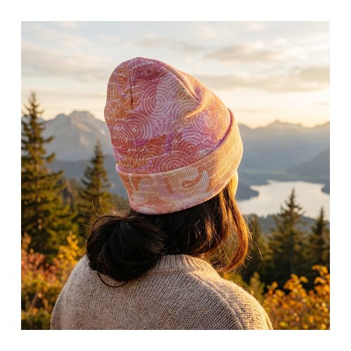 Custom Full Colour Beanie, Edge-to-Edge Sublimation Print 3 A full colour printed beanie shown worn outdoors, Singapore