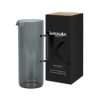 Custom Glass Carafe 1.5L in Smoked Borosilicate, Gift Boxed 6 A 1.5L smoked glass carafe beside its kraft gift box with printed sleeve, Singapore