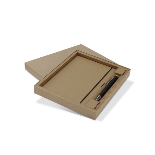 Custom Kraft Notebook and Pen Set, A5 Sugarcane Paper with Pen Loop 5 Kraft notebook and pen gift set shown from above with the lid lifted clear of the fitted tray, Singapore