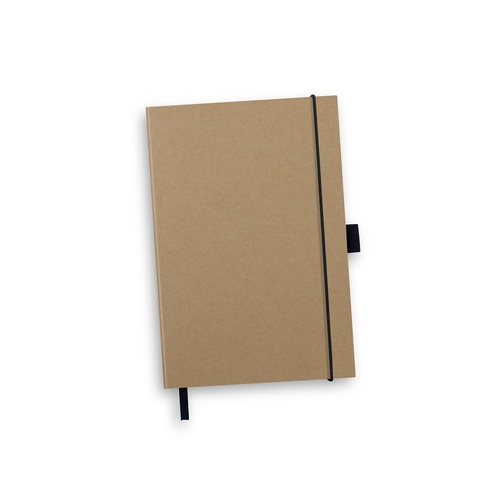 Custom Kraft Notebook and Pen Set, A5 Sugarcane Paper with Pen Loop 3 Front of an A5 kraft cover notebook showing the black elastic closure band and the side pen loop, Singapore