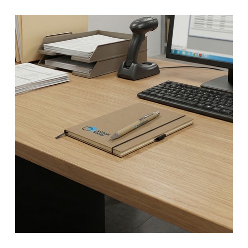 Custom Kraft Notebook and Pen Set, A5 Sugarcane Paper with Pen Loop 6 Branded kraft notebook and pen set in use on an office desk beside a keyboard and monitor, Singapore