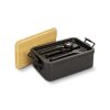 Custom Expandable Lunch Box, Bamboo Lid with Cutlery Set 10 Fork, knife and spoon seated in the removable cutlery tray inside the lunch box with the bamboo lid alongside, Singapore