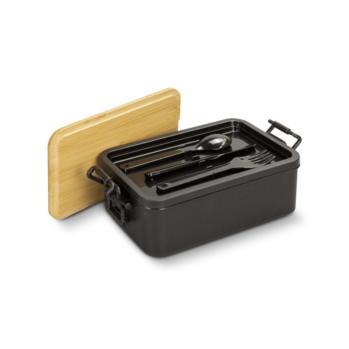 Custom Expandable Lunch Box, Bamboo Lid with Cutlery Set 4 Fork, knife and spoon seated in the removable cutlery tray inside the lunch box with the bamboo lid alongside, Singapore