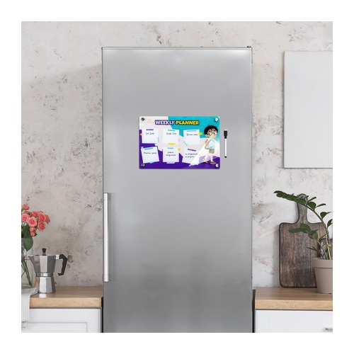 Branded acrylic weekly planner mounted on a stainless steel fridge door in a kitchen, Singapore