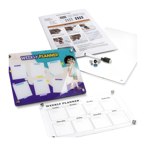 Everything supplied with the fridge planner laid out: acrylic panel, printed insert, magnets, marker and instructions, Singapore