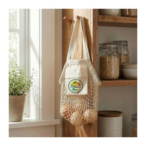 Branded cotton mesh tote hanging on a kitchen hook beside pantry jars and a plant, Singapore
