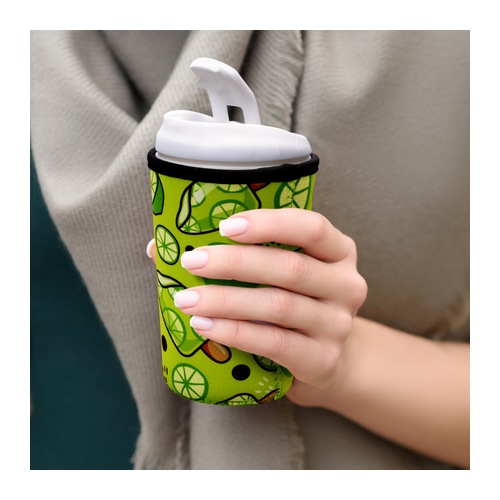 Custom Neoprene Cup Sleeve, Reusable Insulated Sleeve for Takeaway Cups 6 Hand holding a lidded takeaway cup fitted with a printed neoprene insulating sleeve, Singapore