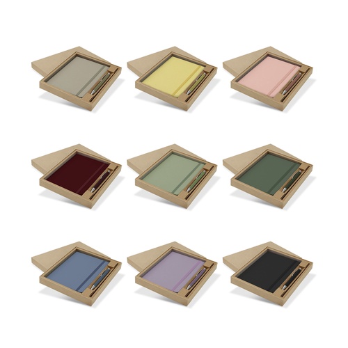 Nine colourways of an A5 notebook and pen gift set presented in kraft gift boxes, Singapore
