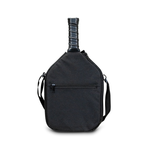 Rear of a black pickleball paddle carry bag showing the full width zip pocket and adjustable shoulder strap, Singapore