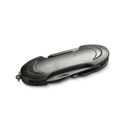 Closed multi-function pocket knife showing the contoured black aluminium handles and keyring loop, Singapore
