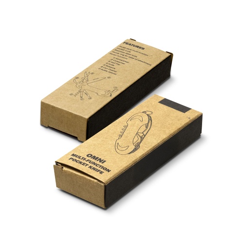 Two printed kraft gift boxes supplied with the multi-function pocket knife, Singapore