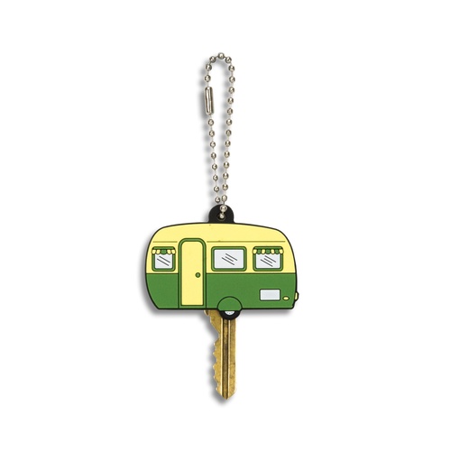Moulded PVC key cap on a key, hanging from its silver ball chain against a white background, Singapore