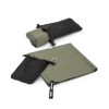 Custom Travel Towel, Rapid Dry Microfibre with Roll-Top Dry Bag 8 Sage green rapid dry towel shown flat and rolled beside its black roll top carry pouches, Singapore