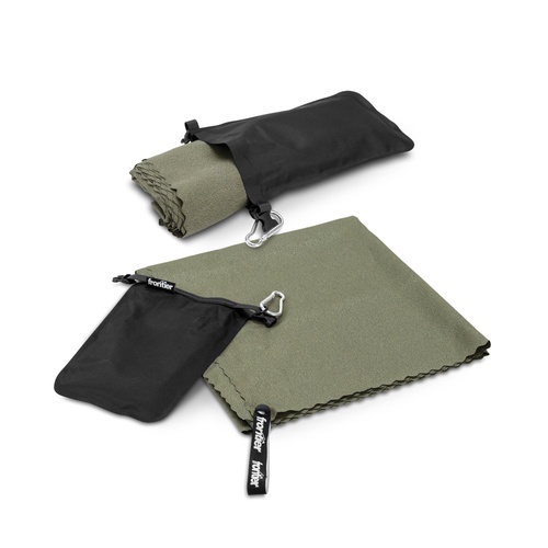 Custom Travel Towel, Rapid Dry Microfibre with Roll-Top Dry Bag 2 Sage green rapid dry towel shown flat and rolled beside its black roll top carry pouches, Singapore