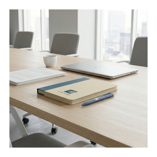 Custom Recycled Notebook and Pen Set, Sugarcane Paper with RPET Trim 6 Branded sugarcane paper notebook and pen set on a meeting room table beside a laptop, Singapore