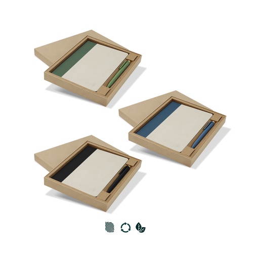 Custom Recycled Notebook and Pen Set, Sugarcane Paper with RPET Trim 2 Three colourways of a sugarcane paper notebook and pen gift set presented in kraft boxes, Singapore