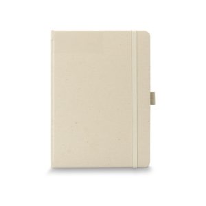 A5 hard cover notebook made from recycled paper, shown front on with its elastic closure band, Singapore
