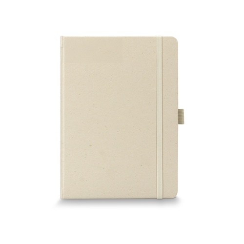 A5 hard cover notebook made from recycled paper, shown front on with its elastic closure band, Singapore