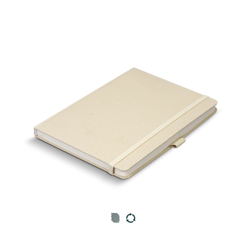 Angled view of the recycled paper hard cover notebook showing the elastic band and pen loop, Singapore