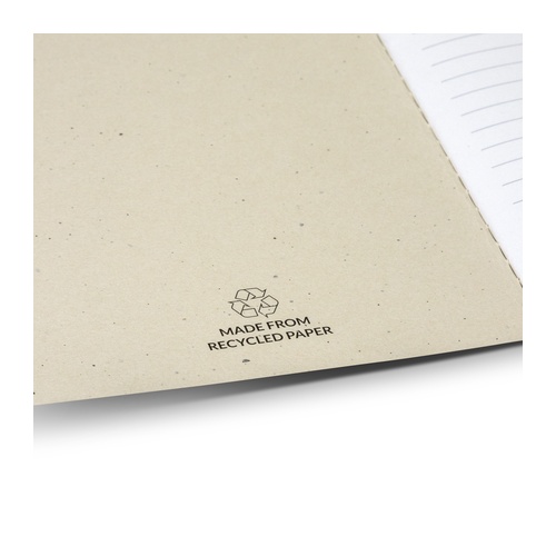 Close view of the made from recycled paper mark printed inside the notebook cover, Singapore