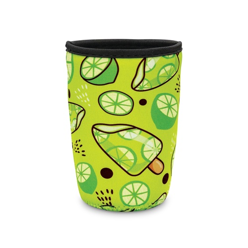 Custom Neoprene Cup Sleeve, Reusable Insulated Sleeve for Takeaway Cups 2 Neoprene cup sleeve standing upright with a full colour lime and avocado print and black bound rim, Singapore