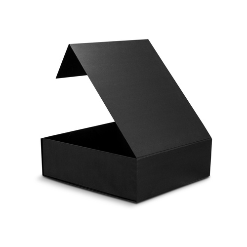 Custom Magnetic Gift Box, Large Rigid Box in Matt Black 3 Black rigid gift box with the magnetic lid hinged fully open, Singapore