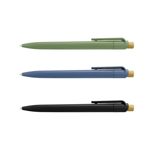 Custom Recycled Notebook and Pen Set, Sugarcane Paper with RPET Trim 5 Three matte recycled plastic pens in green, blue and black with wheat coloured push buttons, Singapore