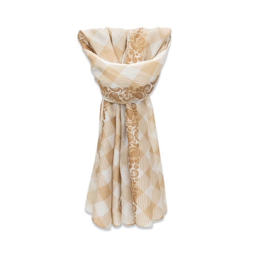 Full length lightweight printed scarf hanging gathered at the top to show its drape, Singapore