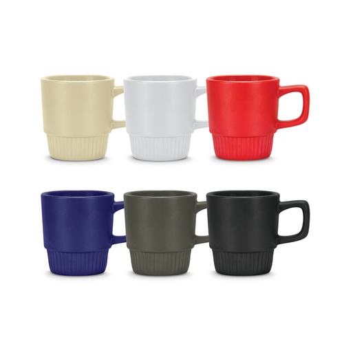 Six colour options for the 300ml stackable ceramic coffee mug arranged in two rows, Singapore