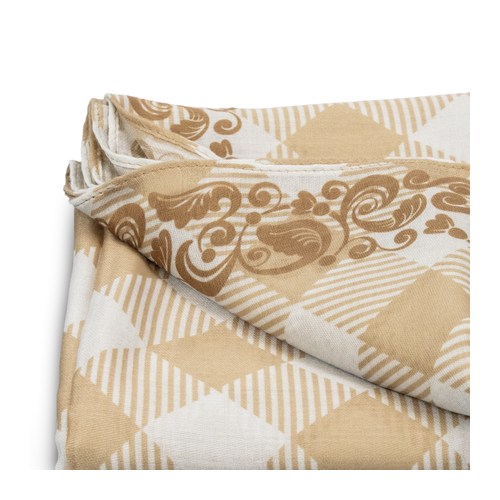 Close view of full colour sublimation print on lightweight semi-sheer scarf fabric, Singapore