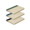 Custom Recycled Notebook and Pen Set, Sugarcane Paper with RPET Trim 10 Three sugarcane paper hard cover notebooks stacked to show the green, blue and black RPET trims, Singapore