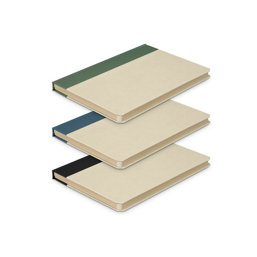Custom Recycled Notebook and Pen Set, Sugarcane Paper with RPET Trim 4 Three sugarcane paper hard cover notebooks stacked to show the green, blue and black RPET trims, Singapore