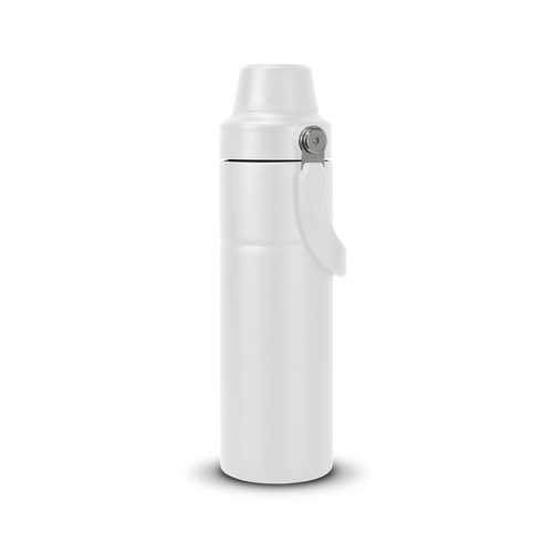 White 550ml stainless steel vacuum bottle shown front on with its carry handle folded in, Singapore